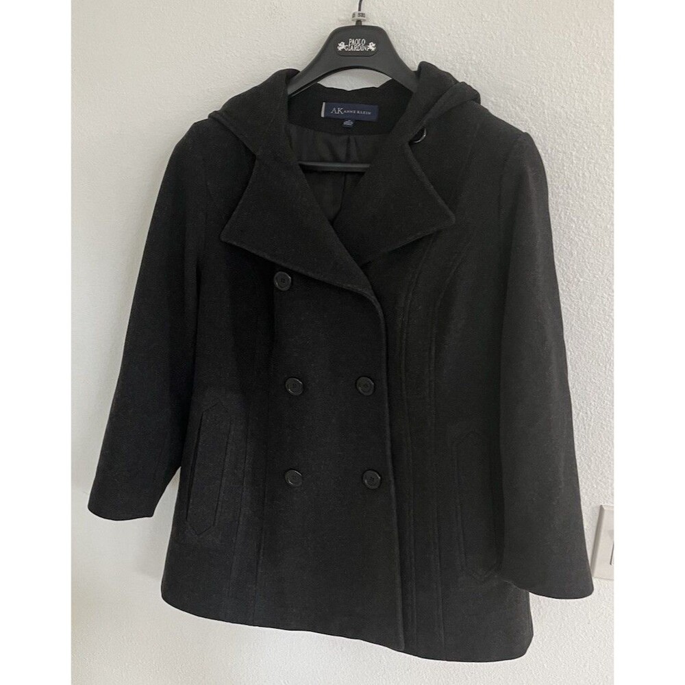 AK Anne Klein Black Wool Blend Pea Coat IX Hooded Lined Double Breasted Classic